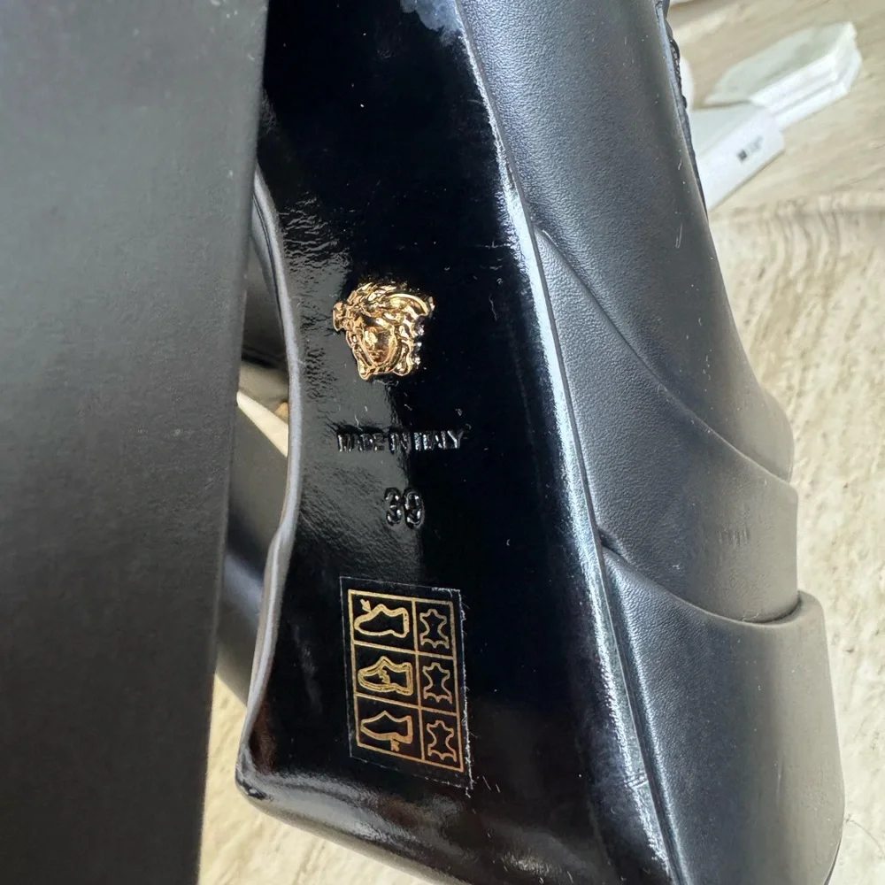Versace Black Leather Platform Loafers with Gold Medusa
